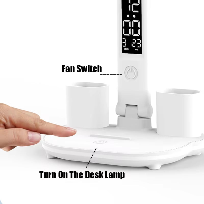 3In1 Multifunctional Desk Lamp LED Four-Head Folding Fan with Calendar Clock USB Rechargeable