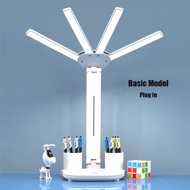 3In1 Multifunctional Desk Lamp LED Four-Head Folding Fan with Calendar Clock USB Rechargeable