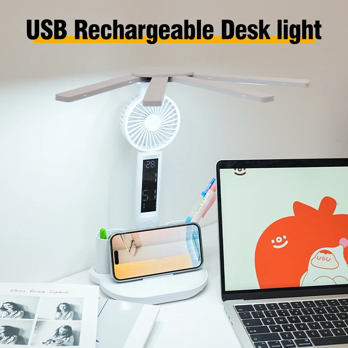 3In1 Multifunctional Desk Lamp LED Four-Head Folding Fan with Calendar Clock USB Rechargeable