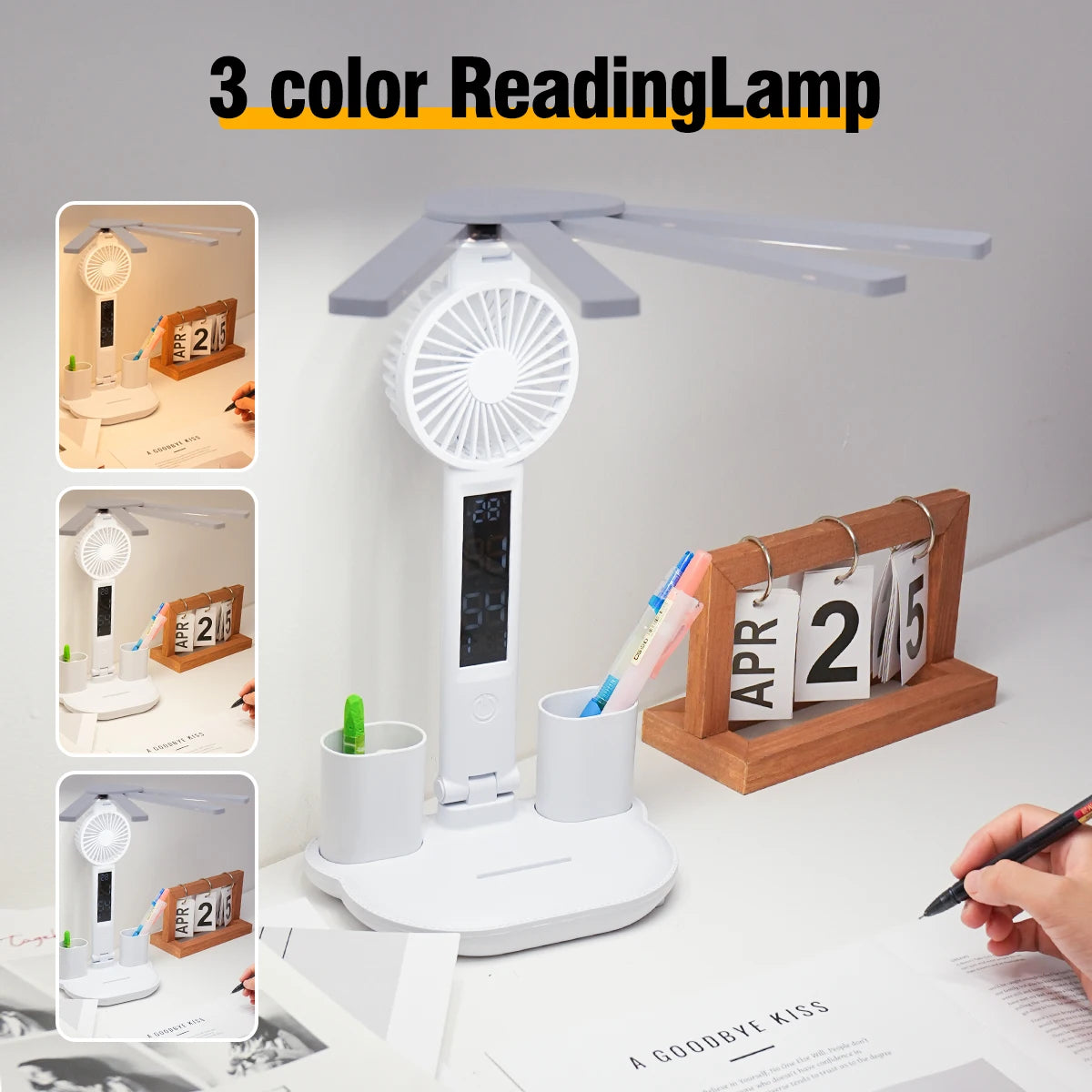 3In1 Multifunctional Desk Lamp LED Four-Head Folding Fan with Calendar Clock USB Rechargeable