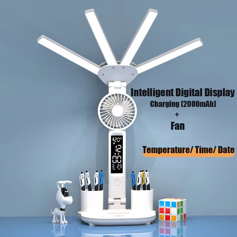 3In1 Multifunctional Desk Lamp LED Four-Head Folding Fan with Calendar Clock USB Rechargeable