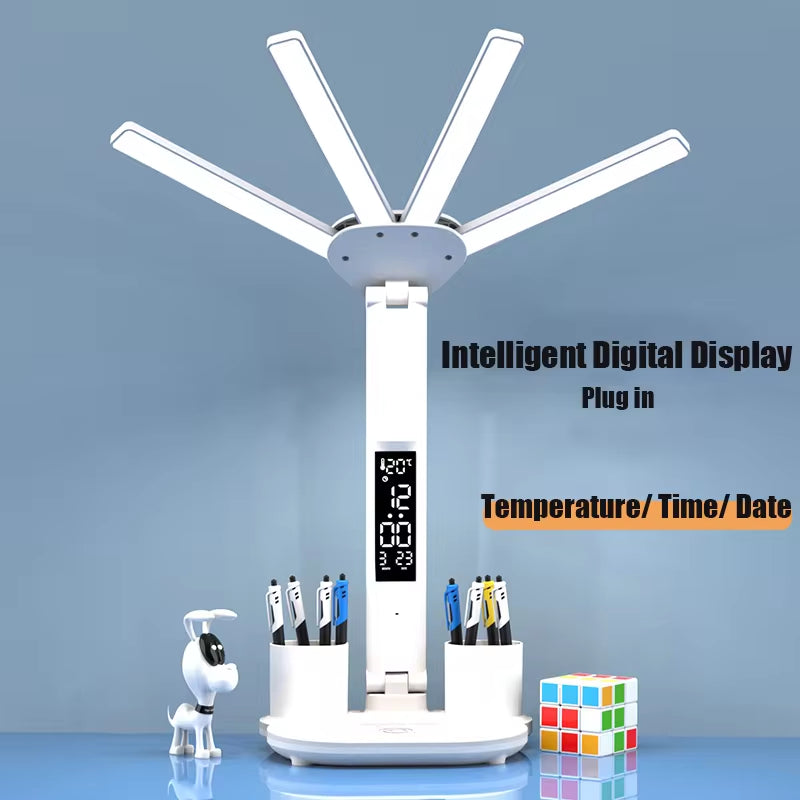 3In1 Multifunctional Desk Lamp LED Four-Head Folding Fan with Calendar Clock USB Rechargeable 
