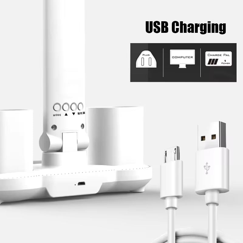 3In1 Multifunctional Desk Lamp LED Four-Head Folding Fan with Calendar Clock USB Rechargeable 