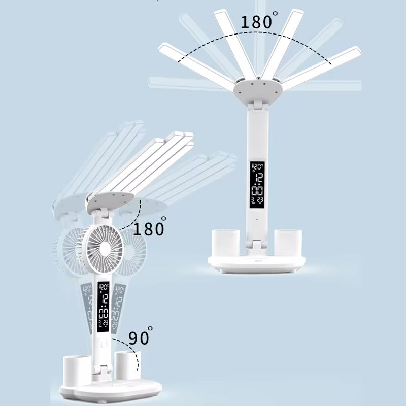 3In1 Multifunctional Desk Lamp LED Four-Head Folding Fan with Calendar Clock USB Rechargeable 