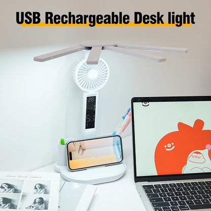 3In1 Multifunctional Desk Lamp LED Four-Head Folding Fan with Calendar Clock USB Rechargeable 