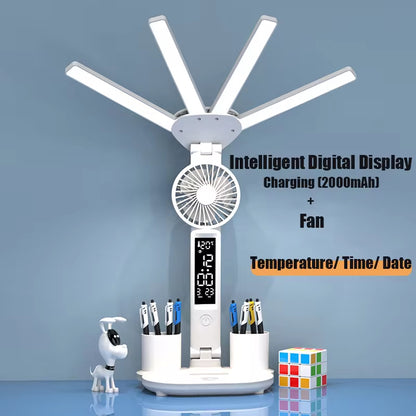 3In1 Multifunctional Desk Lamp LED Four-Head Folding Fan with Calendar Clock USB Rechargeable 