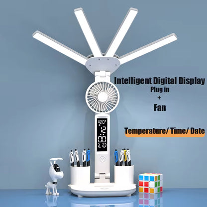 3In1 Multifunctional Desk Lamp LED Four-Head Folding Fan with Calendar Clock USB Rechargeable 
