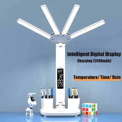 3In1 Multifunctional Desk Lamp LED Four-Head Folding Fan with Calendar Clock USB Rechargeable 
