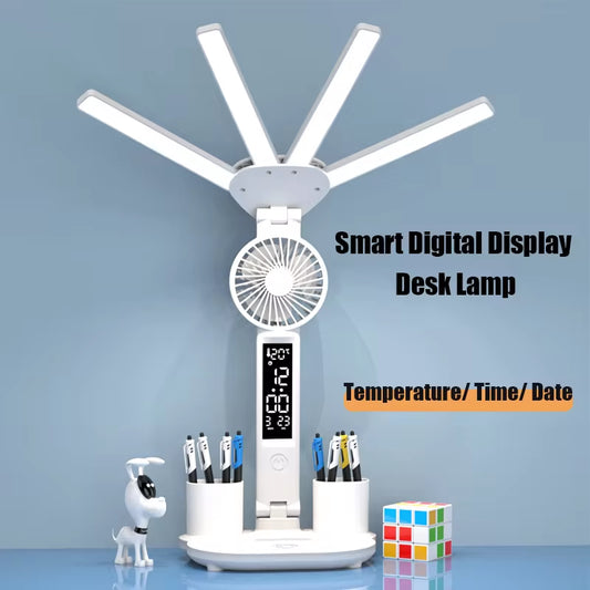 3In1 Multifunctional Desk Lamp LED Four-Head Folding Fan with Calendar Clock USB Rechargeable 