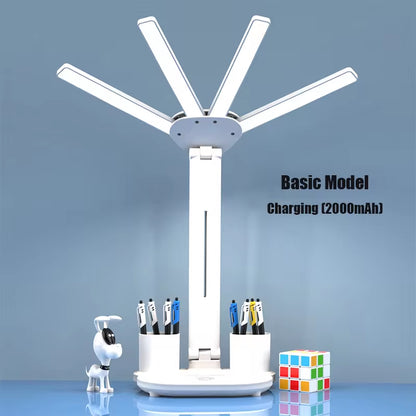 3In1 Multifunctional Desk Lamp LED Four-Head Folding Fan with Calendar Clock USB Rechargeable 